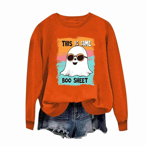 Tdoqot Womens Ghost Halloween Sweatshirt- Cute Pullover Funny Long Sleeve Shirts Tops Orange Size XS-XL