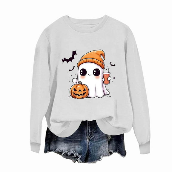 Tdoqot Womens Ghost Halloween Sweatshirt- Cute Pullover Long Sleeve Funny Shirts Tops White Size XS