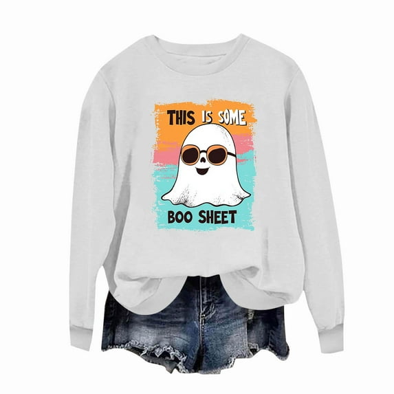 Tdoqot Womens Ghost Halloween Sweatshirt- Funny Cute Pullover Long Sleeve Shirts Tops White Size XL