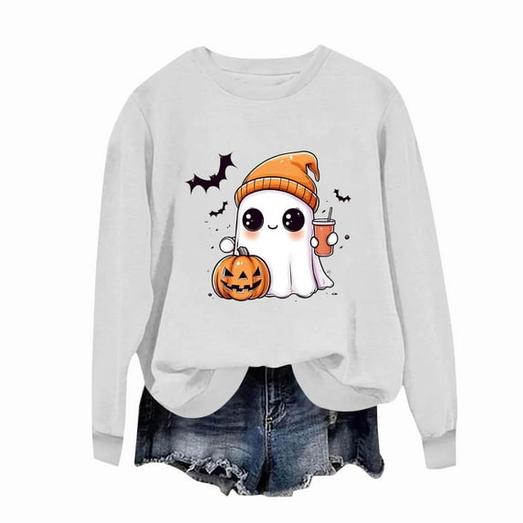 Tdoqot Womens Ghost Halloween Sweatshirt- Long Sleeve Funny Cute Pullover Shirts Tops White Size XL