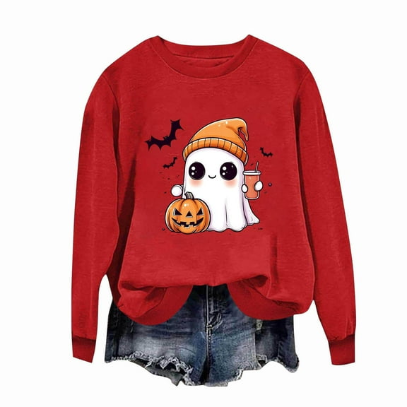 Tdoqot Womens Ghost Halloween Sweatshirt- Long Sleeve Funny Pullover Cute Shirts Tops Red Size XS