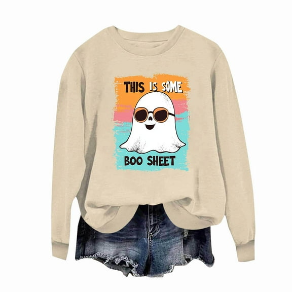 Tdoqot Womens Ghost Halloween Sweatshirt- Pullover Cute Funny Long Sleeve Shirts Tops Khaki Size XL