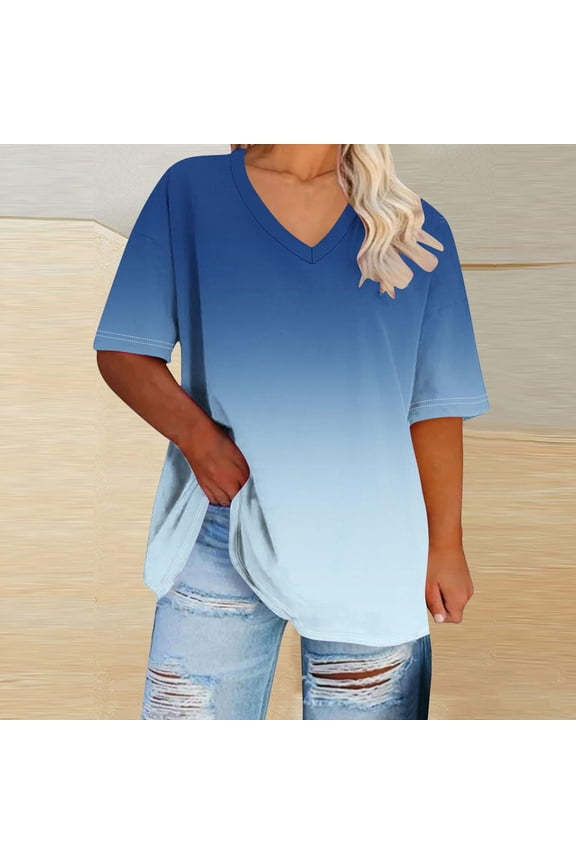 Womens Gradient Plus Size T Shirts- Trendy Soft Casual V-Neck Short Sleeve Summer Tops Blue Size XL-5XL