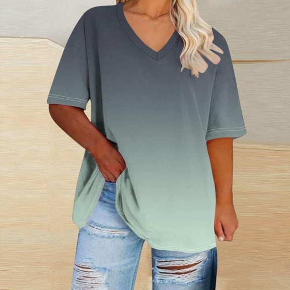 Tdoqot Womens Gradient Plus Size T Shirts- V-Neck Soft Casual Trendy Short Sleeve Summer Tops Mint Green Size XL