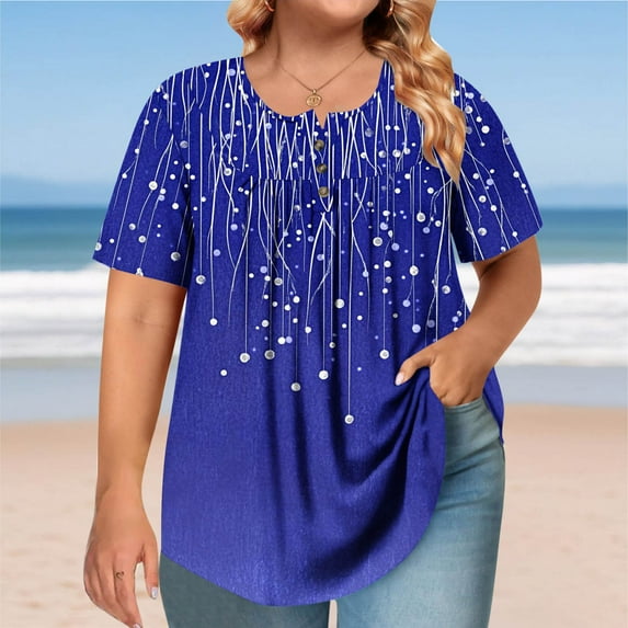 Tdoqot Womens Graphic Plus Size Shirts- Casual Pleats Short Sleeve Trendy Summer Tops Blouse Blue Size XL