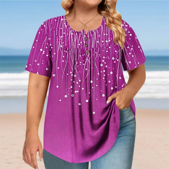 Tdoqot Womens Graphic Plus Size Shirts- Casual Trendy Short Sleeve Pleats Summer Tops Blouse Purple Size 3XL