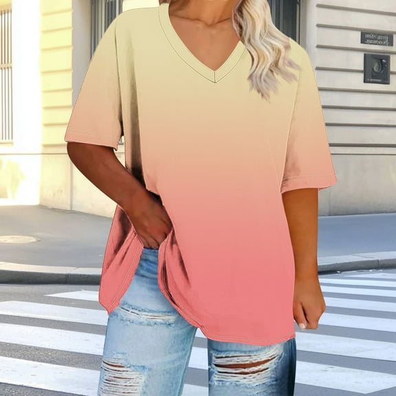 Tdoqot Womens Graphic Plus Size Shirts- Gradient Trendy Short Sleeve Casual Summer Tops Blouse Orange Size 3XL