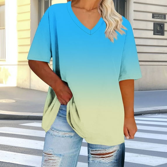 Tdoqot Womens Graphic Plus Size Shirts- Trendy Gradient Short Sleeve Casual Summer Tops Blouse Yellow Size 4XL