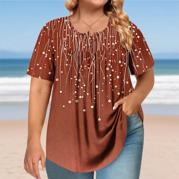 Tdoqot Womens Graphic Plus Size Shirts- Trendy Short Sleeve Pleats Casual Summer Tops Blouse Coffee Size XL
