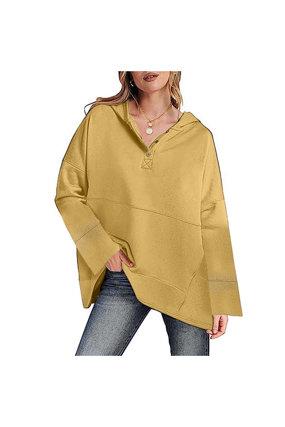 Womens Hoodies- Long Sleeve Fall Crewneck Pocket Pullover Casual Loose Fit Solid Activewear for Women Yellow Size XL