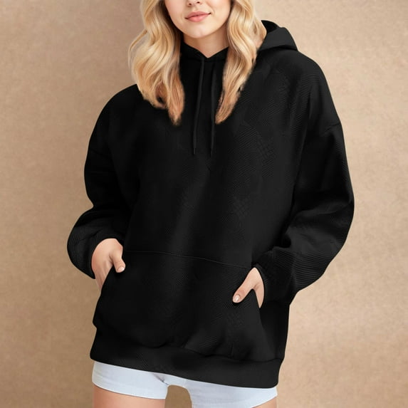 Tdoqot Womens Jacquard Trendy Hoodies- Pullover Long Sleeve Casual Loose Sweatshirt with Front Pocket Black Size L