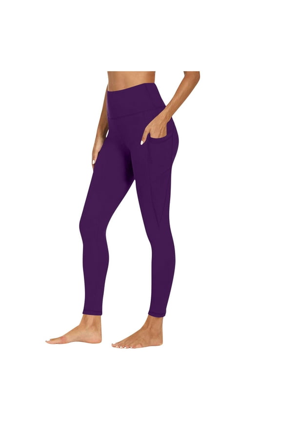 Womens Leggings with Pockets- Full Length Stretch Slim Fit Gym Yoga Pants Purple Size L