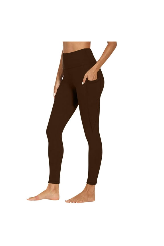 Womens Leggings with Pockets- Stretch Slim Fit Full Length Gym Yoga Pants Brown Size S