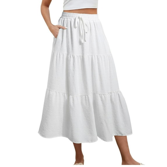 Tdoqot Womens Maxi Skirts with Pockets- Drawstring Polka Dot Elastic Waist Casual Elegant Ruffle Skirt White Size S