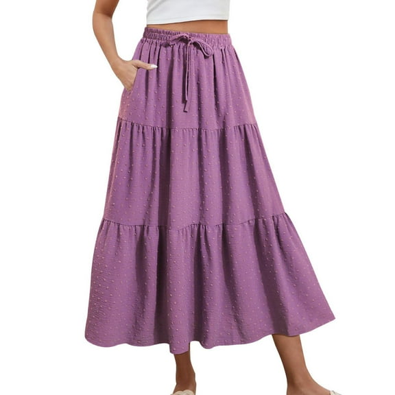 Tdoqot Womens Maxi Skirts with Pockets- Elegant Elastic Waist Casual Polka Dot Drawstring Ruffle Skirt Purple Size S-2XL