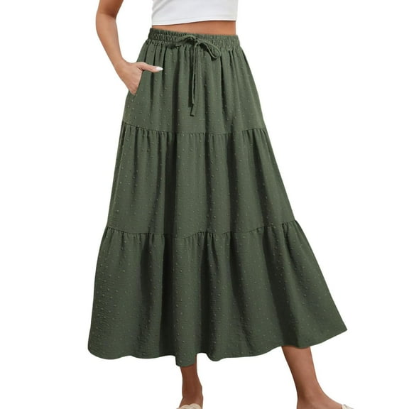 Tdoqot Womens Maxi Skirts with Pockets- Elegant Polka Dot Elastic Waist Drawstring Casual Ruffle Skirt Army Green Size M