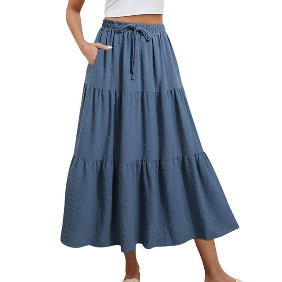 Tdoqot Womens Maxi Skirts with Pockets- Polka Dot Casual Elegant Drawstring Elastic Waist Ruffle Skirt Blue Size S