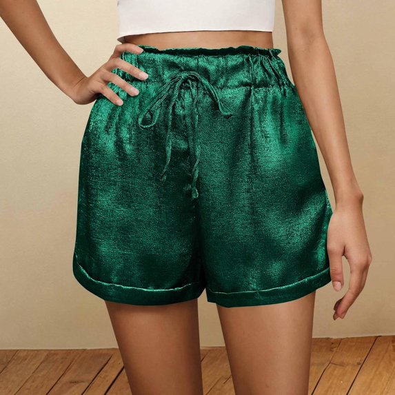 Tdoqot Womens Metallic Color Shorts with Pockets- Casual Fashion Elastic Waist Summer Drawstring Shorts Green Size S