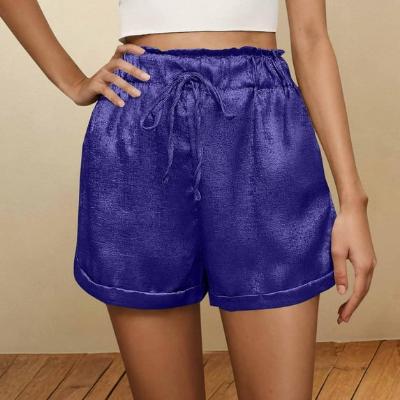 Tdoqot Womens Metallic Color Shorts with Pockets- Summer Fashion Casual Elastic Waist Drawstring Shorts Dark Blue Size 2XL