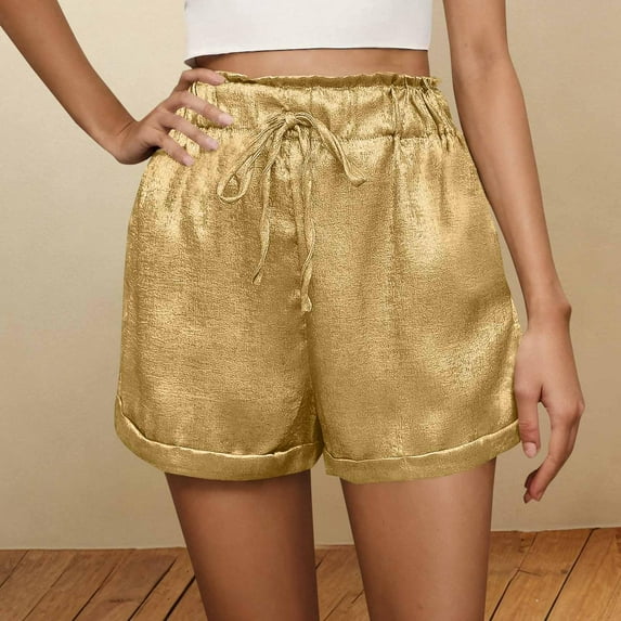 Tdoqot Womens Metallic Color Shorts with Pockets- Summer Fashion Casual Elastic Waist Drawstring Shorts Size S-2XL