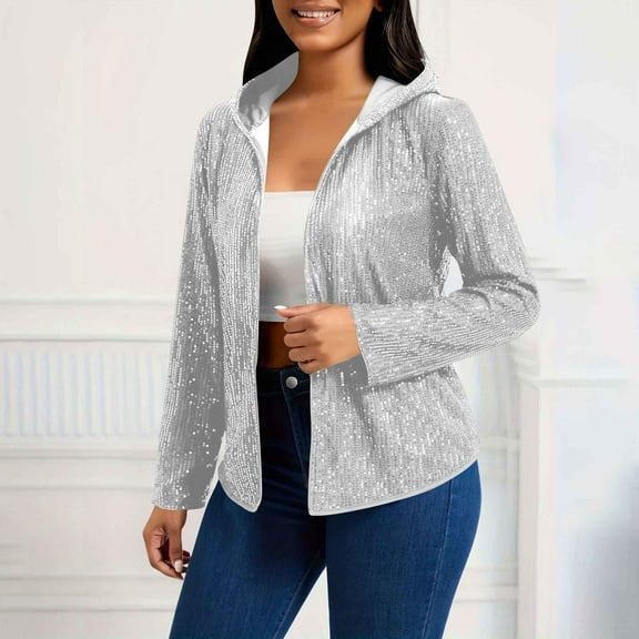 Tdoqot Womens Metallic Jacket with Hood- Open Front Long Sleeve Sparkly Party Sequin Bomber Jacket Silver Size S