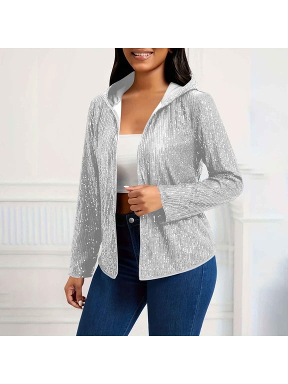 Womens Metallic Jacket with Hood- Open Front Sparkly Long Sleeve Party Sequin Bomber Jacket Silver Size L