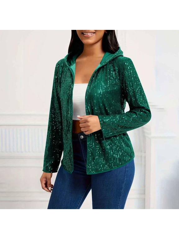Womens Metallic Jacket with Hood- Sparkly Long Sleeve Open Front Party Sequin Bomber Jacket Green Size M