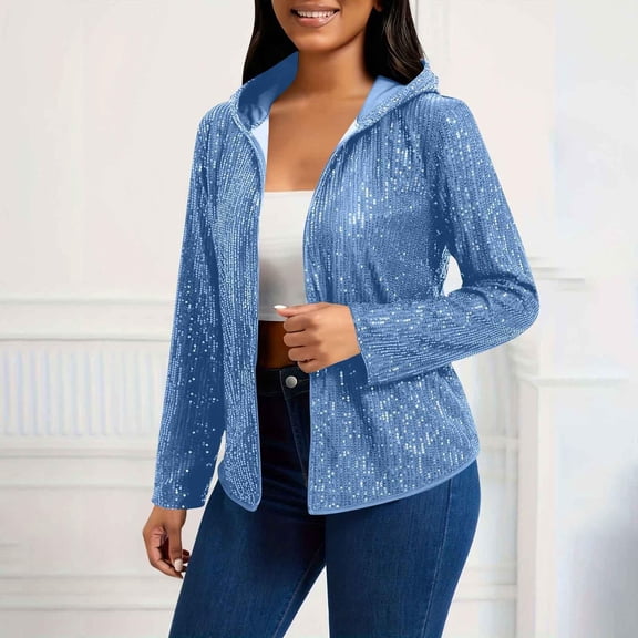 Tdoqot Womens Metallic Jacket with Hood- Sparkly Open Front Long Sleeve Party Sequin Bomber Jacket Blue Size S