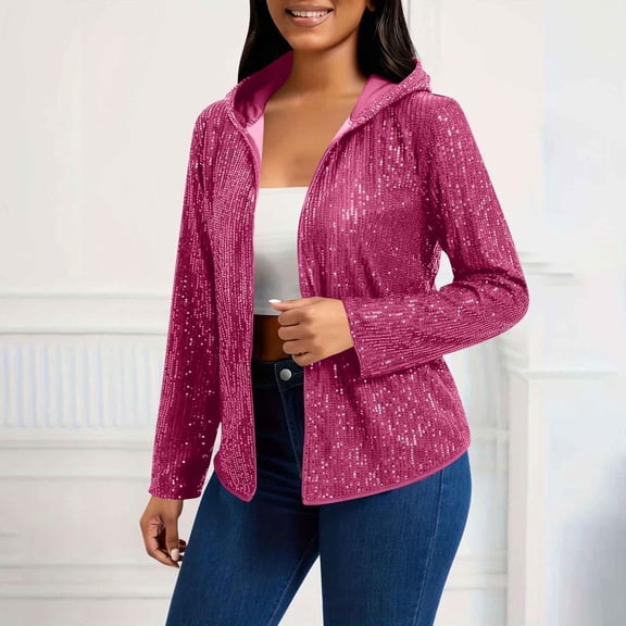 Tdoqot Womens Metallic Jacket with Hood- Sparkly Open Front Long Sleeve Party Sequin Bomber Jacket Hot Pink Size 2XL