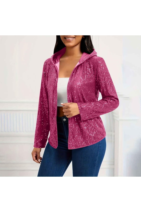Womens Metallic Jacket with Hood- Sparkly Open Front Long Sleeve Party Sequin Bomber Jacket Hot Pink Size 2XL