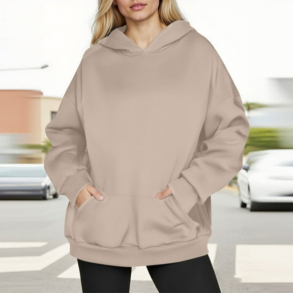 Tdoqot Womens Oversized Hoodies Front Pocket- Fall Pullover Casual Loose Hooded Sweatshirt Khaki Size 2XL