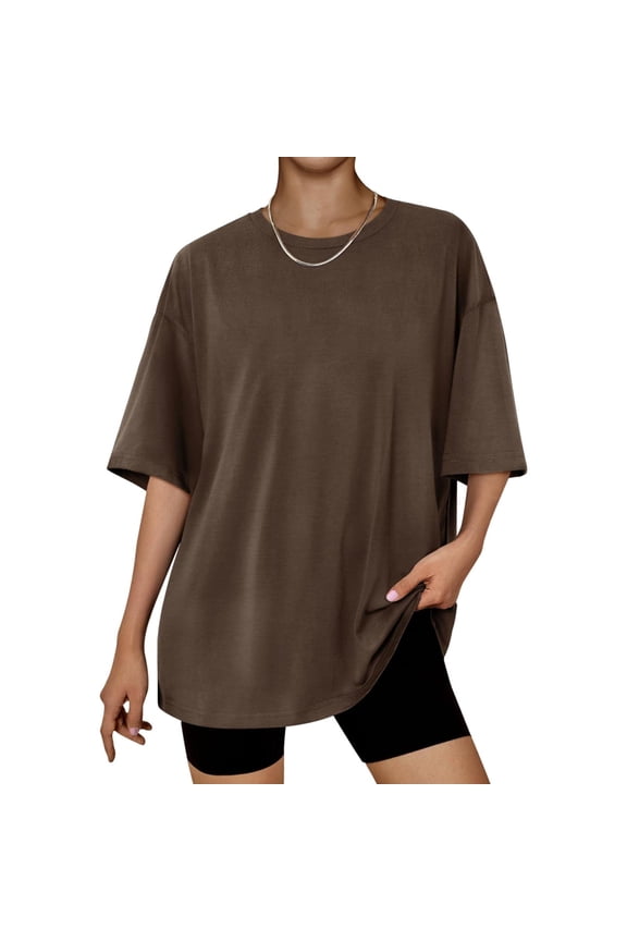 Womens Oversized T Shirts- Casual Crewneck Trendy Short Sleeve Soft Cotton Summer Tops Tees Brown Size L