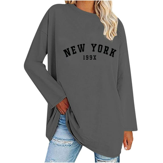 Tdoqot Womens Oversized T Shirts Tops- Crewneck Long Sleeve Casual Fashion New York Graphic Shirts Tops Gray Size 2XL