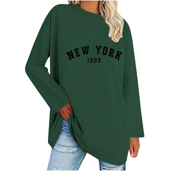 Tdoqot Womens Oversized T Shirts Tops- Fashion Long Sleeve Crewneck Casual New York Graphic Shirts Tops Green Size M