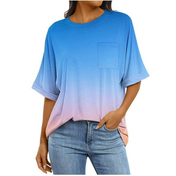 Tdoqot Womens Oversized T Shirts with Pocket- Casual Soft Short Sleeve Summer Gradient Trendy Tops Khaki Size 2XL