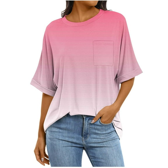 Tdoqot Womens Oversized T Shirts with Pocket- Short Sleeve Casual Soft Summer Gradient Trendy Tops Pink Size XL