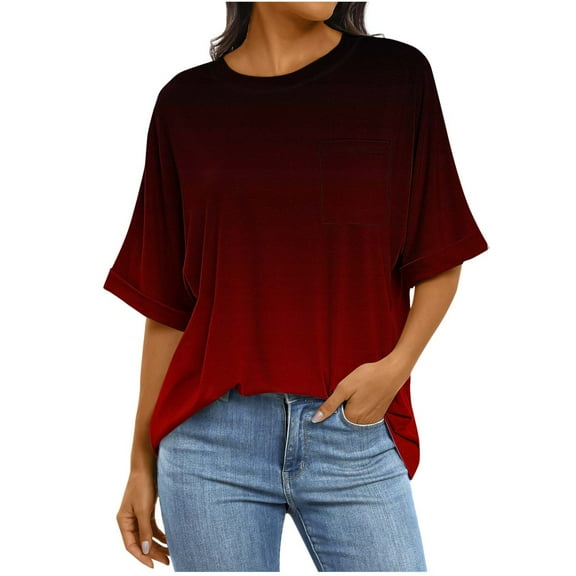 Tdoqot Womens Oversized T Shirts with Pocket- Soft Casual Summer Short Sleeve Gradient Trendy Tops Red Size XL