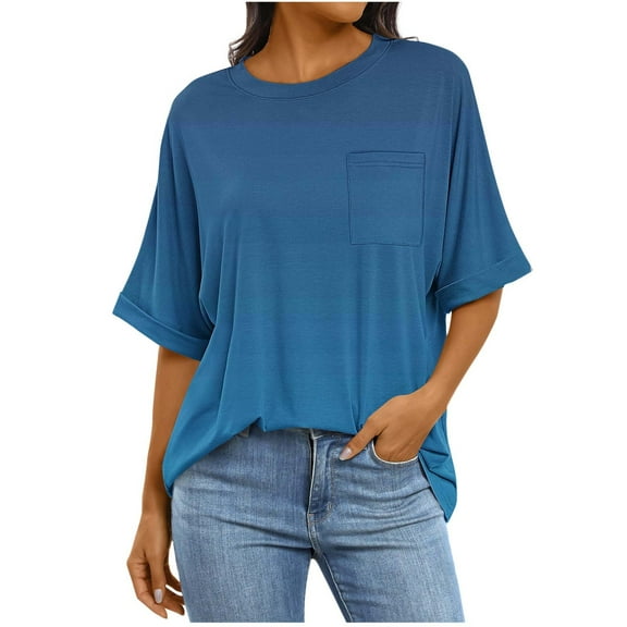 Tdoqot Womens Oversized T Shirts with Pocket- Summer Short Sleeve Soft Casual Gradient Trendy Tops Light Blue Size XL