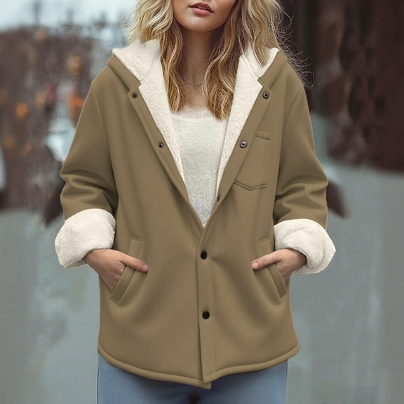 Tdoqot Womens Parkas with Hood- Button Up Fur Lined Turdown Collar Warm Casual Winter Coats Coffee Size L