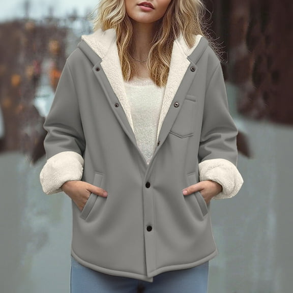 Tdoqot Womens Parkas with Hood- Casual Warm Turdown Collar Button Up Fur Lined Winter Coats Gray Size M