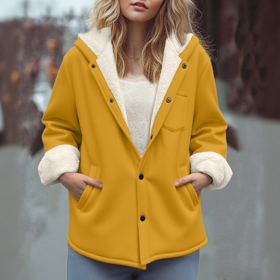 Tdoqot Womens Parkas with Hood- Warm Casual Turdown Collar Fur Lined Button Up Winter Coats Yellow Size XL