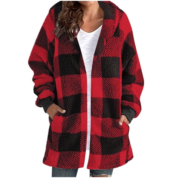 Tdoqot Womens Plaid Fleece Jackets- Fashion Loose Fit Open Front Fall Casual Hooded Sherpa Jacket Red Size M