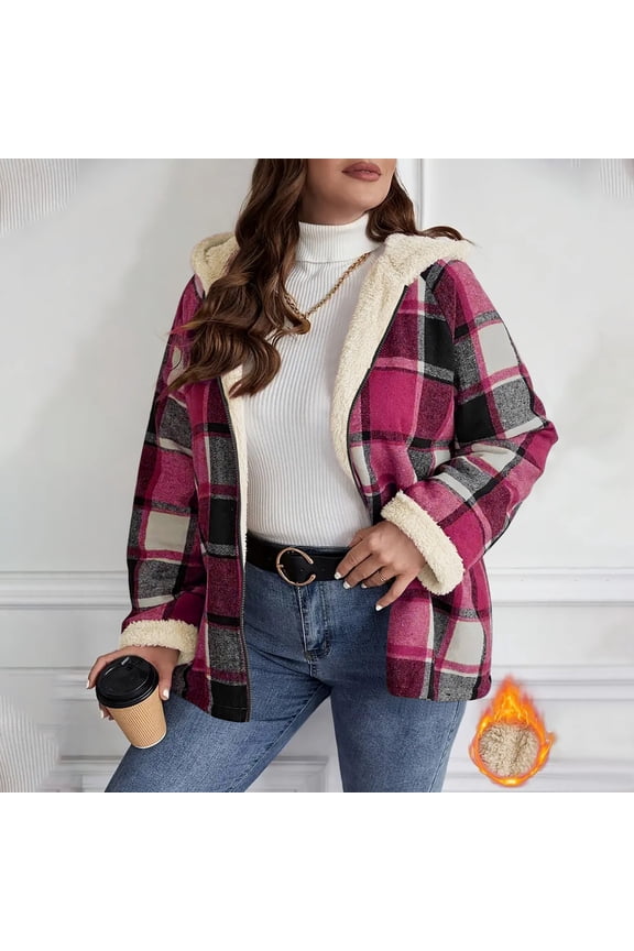 Womens Plaid Fleece Jackets with Hood- Casual Loose Fit Fashion Full Zip Fall Boyfriend Outwear Purple Size S-2XL