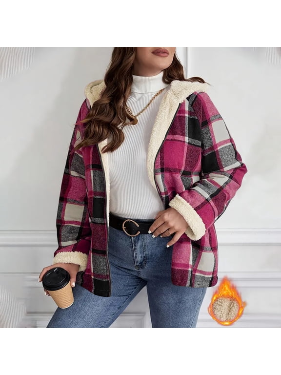 Womens Plaid Fleece Jackets with Hood- Casual Loose Fit Fashion Full Zip Fall Boyfriend Outwear Purple Size S-2XL