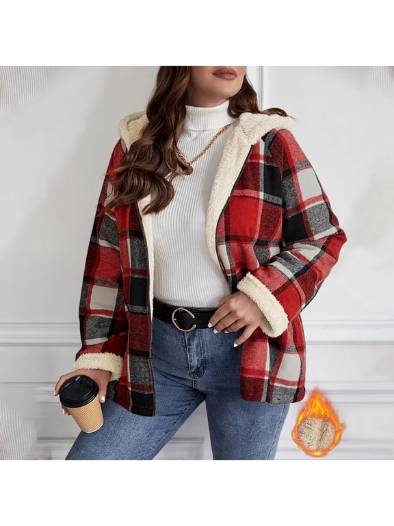 Womens Plaid Fleece Jackets with Hood- Fashion Full Zip Loose Fit Casual Fall Boyfriend Outwear Red Size XL
