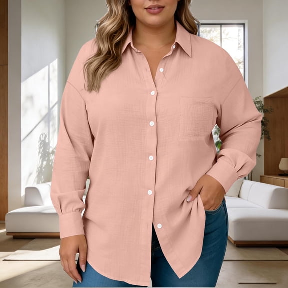 Tdoqot Womens Plus Size Button Down Shirts- Lapel Loose Fit Casual Long Sleeve Spring Tops Blouse Pink Size 4XL