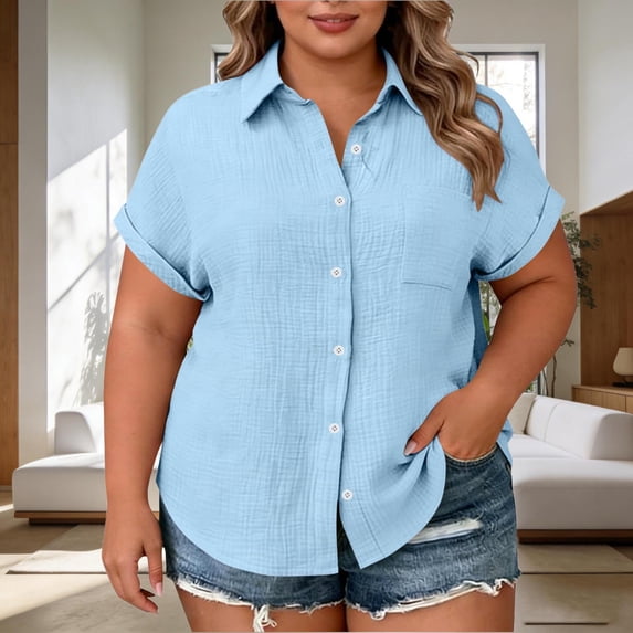 Tdoqot Womens Plus Size Button Down Shirts- Short Sleeve Casual Loose Fit Lapel Summer Tops Blouse Light Blue Size L