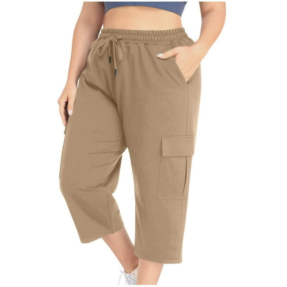 Tdoqot Womens Plus Size Capri with Pockets- Elastic Waist Casual Summer Soft Baggy Cargo Pants Khaki Size 2XL