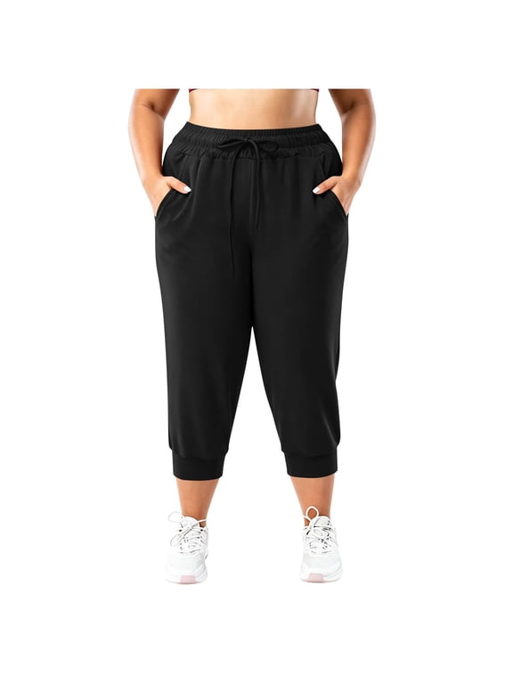 Womens Plus Size Capris Sweatpants- Quick Dry Lightweight Elastic Waist Drawstring Baggy Summer Jogger Pants with Pockets Black Size 4XL