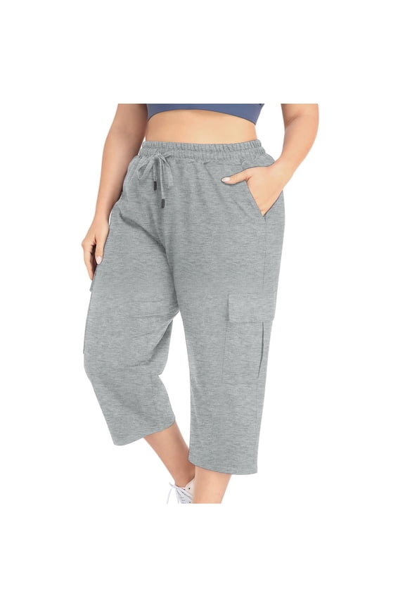 Womens Plus Size Capris with Pockets- Baggy Casual Soft Summer Elastic Waist Cargo Pants Gray Size 3XL